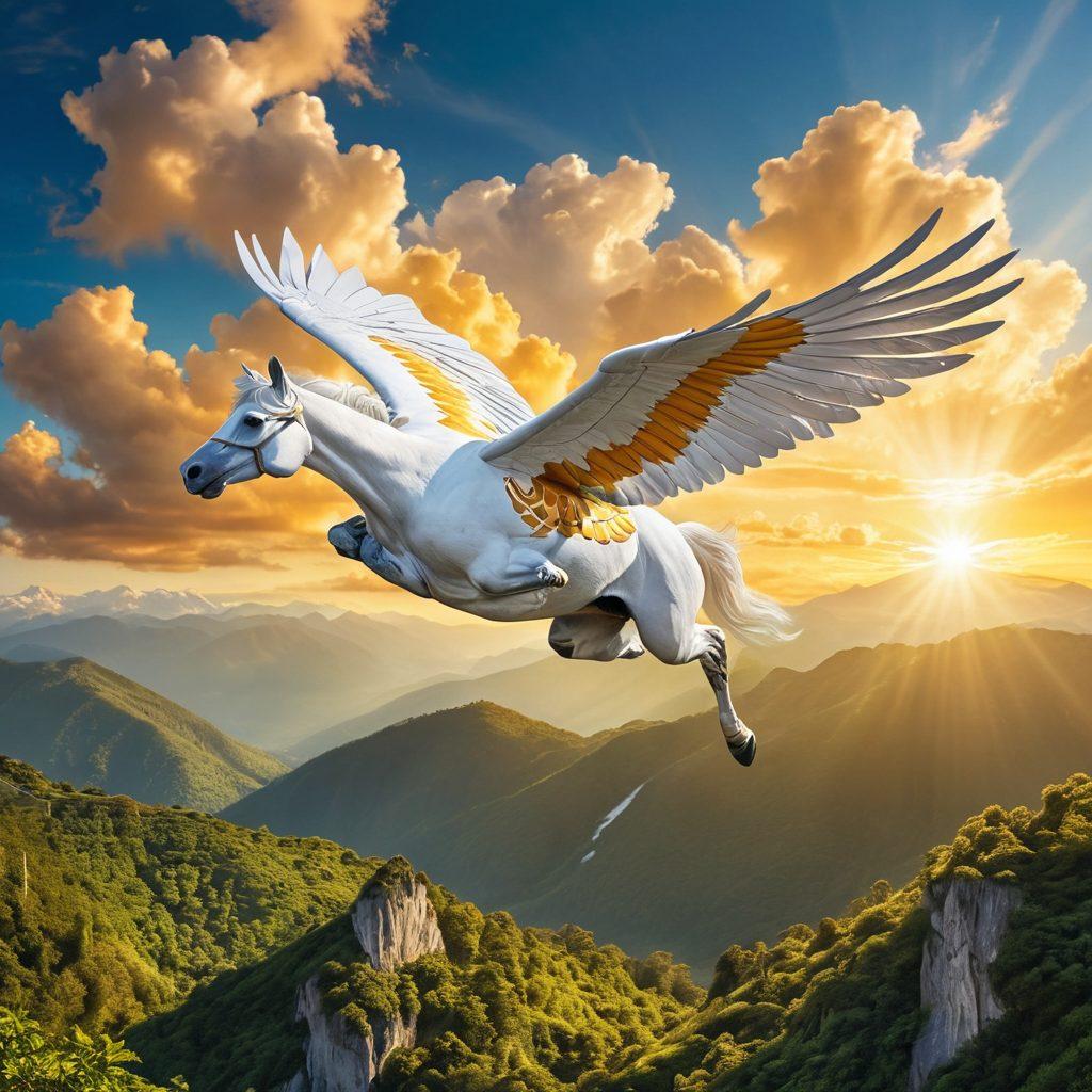 A majestic Pegasus soaring through a bright blue sky with fluffy white clouds, alongside an airplane adorned with vibrant Pegasus Airlines branding. Below, a breathtaking landscape of mountains and lush greenery signifies wanderlust and adventure. Golden rays of sunlight illuminate the scene, conveying a sense of freedom and exclusivity. super-realistic. vibrant colors. detailed scenery.