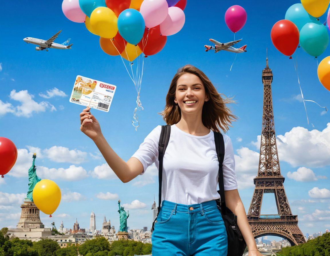 A vibrant scene of a joyful traveler holding a Pegasus Airlines boarding pass, surrounded by colorful balloons and iconic travel landmarks in the background, such as the Eiffel Tower and the Statue of Liberty. Bright blue skies with fluffy clouds enhance the sense of adventure and freedom. Emphasize affordable travel by including playful elements like price tags and discount symbols. super-realistic. vibrant colors. white background.