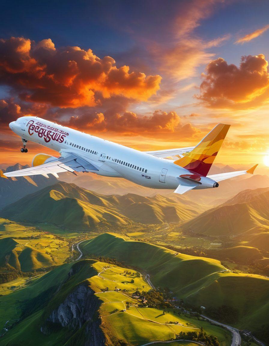 A breathtaking aerial view of a Pegasus Airlines plane soaring above stunning landscapes, featuring majestic mountains, lush green valleys, and a vibrant sunset sky in the background. Include a joyful family looking out the window, their expressions filled with excitement and wonder, symbolizing adventure. The design should inspire a sense of freedom and exploration. super-realistic. vibrant colors. 3D.